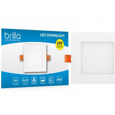 LED Edge-lit downlight square, recessed, 3.5inch 6W 220-240V 3000K 480lm, PF0.5,detached driver, Brilla
