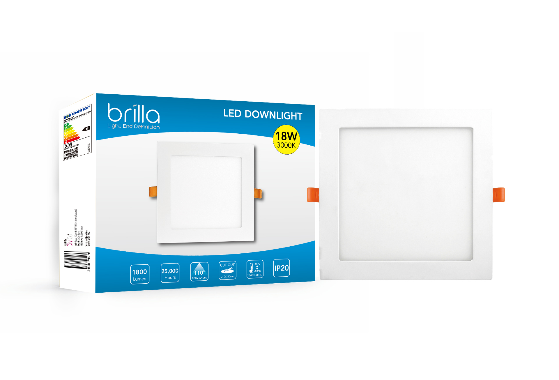 LED Edge-lit downlight square, recessed, 8inch 18W 220-240V 3000K 1800lm, PF0.5,detached driver, Brilla