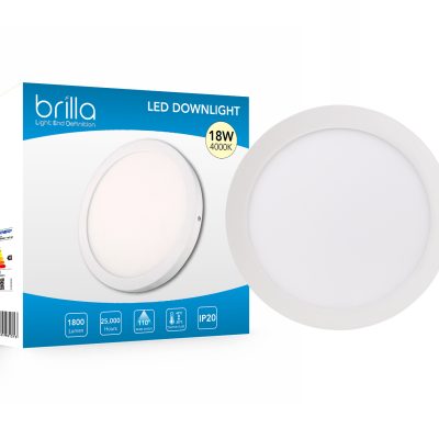 Brilla LED Edge-lit downlight round, surface mount,18W 220-240V 4000K 1800lm,PF0.5,detached driver